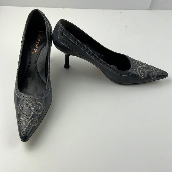 J. Renee! Gunsmoke blue leather gold studded embossed heels - Picture 10 of 13